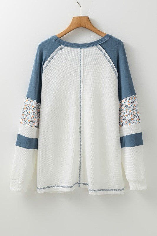 Floral Patchwork Waffle Knit Raglan Sweatshirts