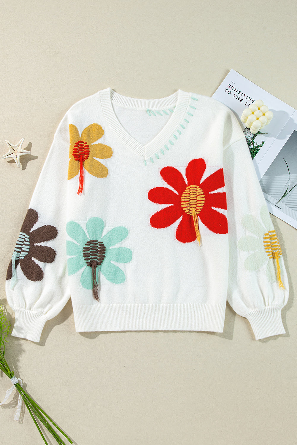 White Big Flower Pattern V Neck Drop Shoulder Sweater