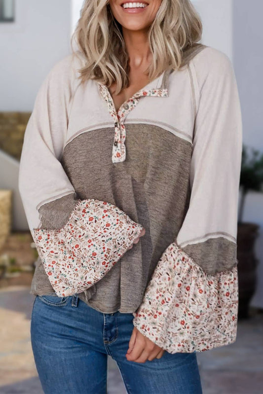 Colorblock Floral Buttons Long Sleeve Top