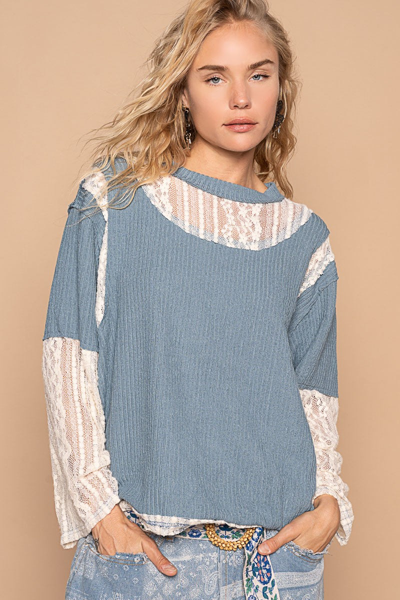 POL Lace Panel Round Neck Long Sleeve Top