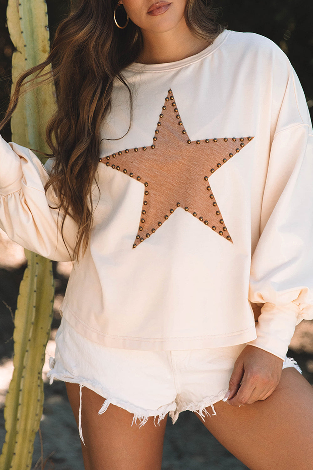 Apricot Studded Star Graphic Oversized Long Sleeve Top