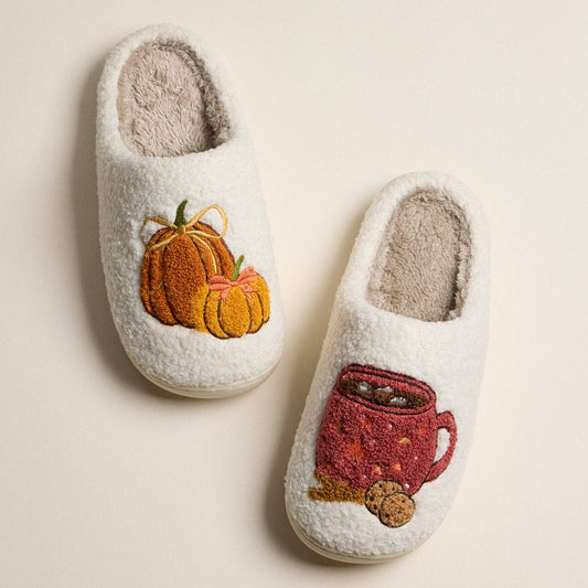 Fall Slippers with Pumpkin and Cocoa Mug Embroidery
