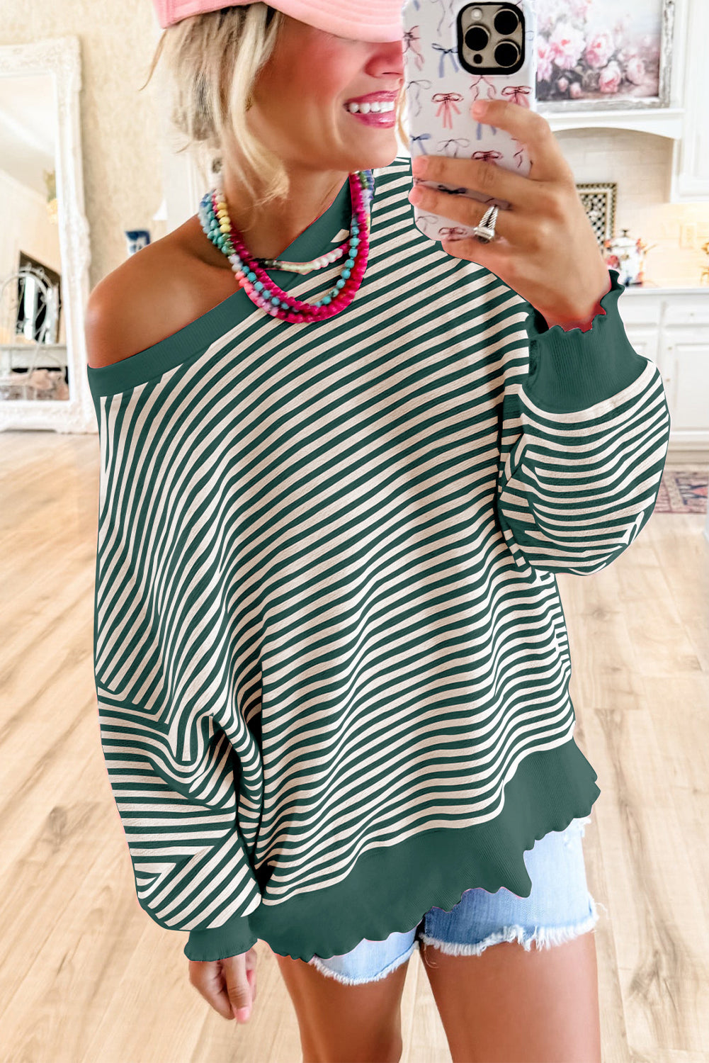 Green Stripe Drop Shoulder Long Sleeve Top