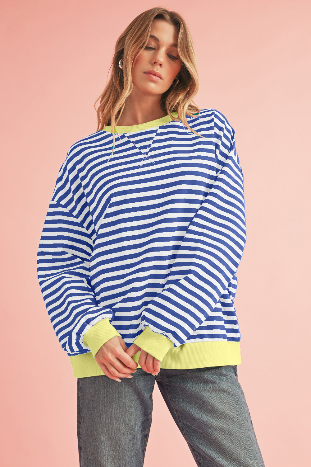 Blue Stripe Contrast Edge Cross Seam Oversized Pullover