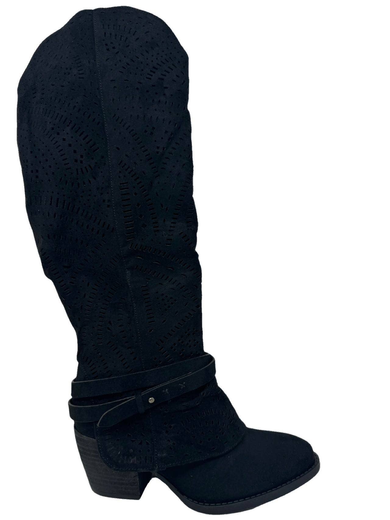 Very G Laser Cut Tall Boot with stacked heel