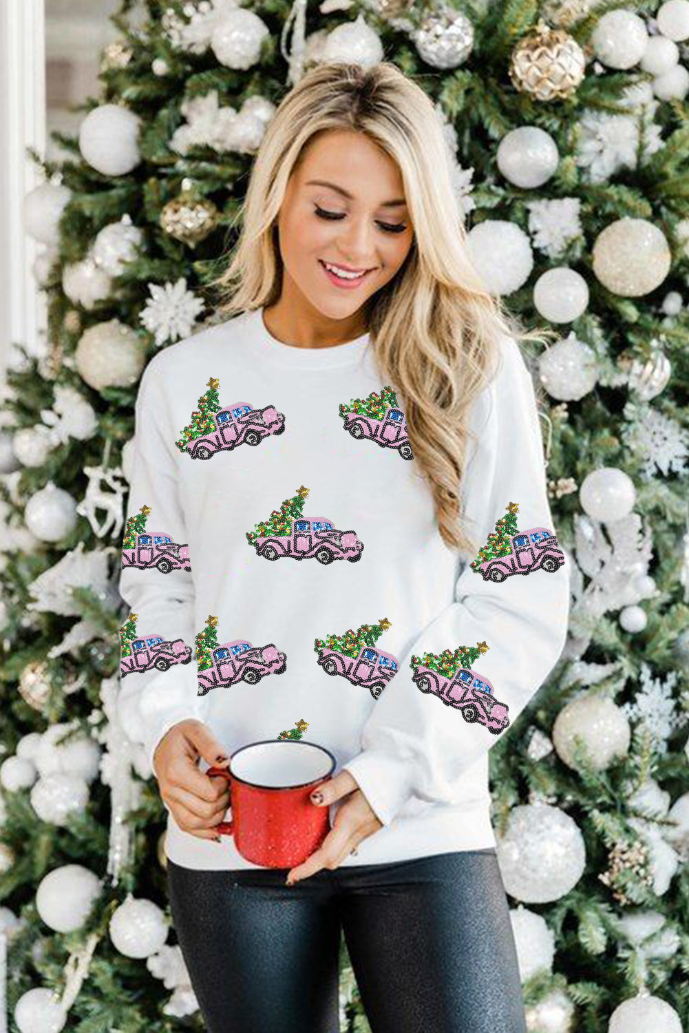 Beige Sequins A Truck of Christmas Tree Graphic Sweatshirt