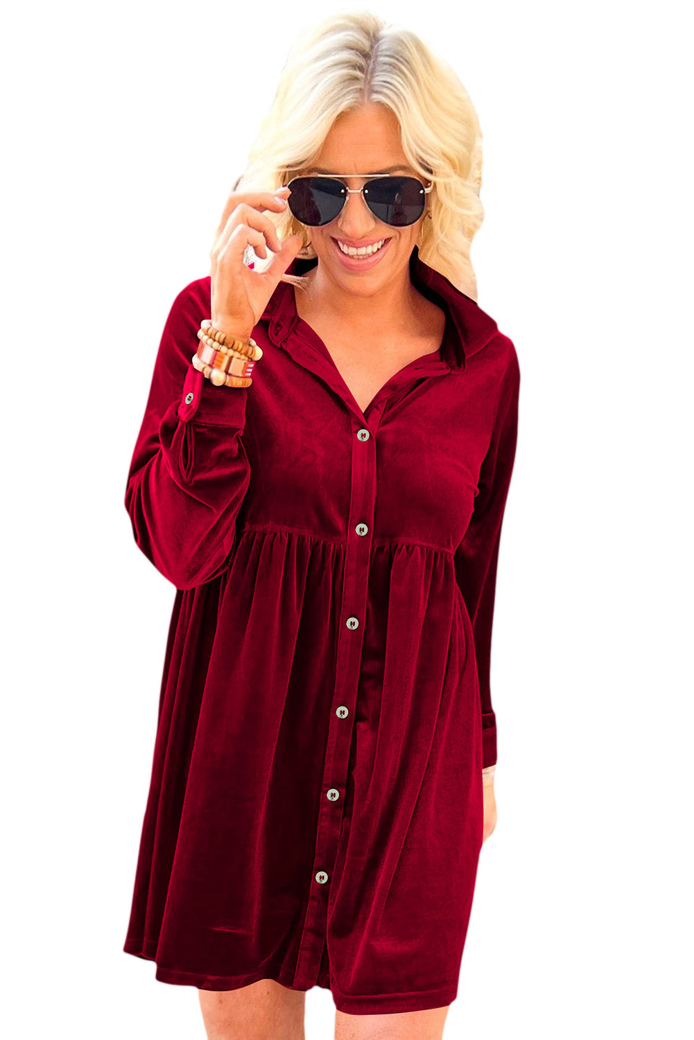 Red Long Sleeve Ruffle Velvet Button Up Shirt Dress