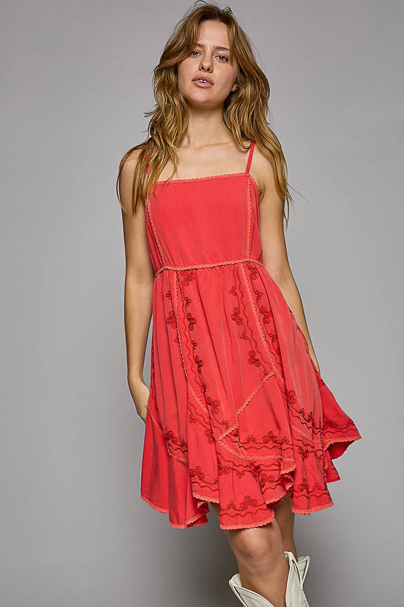 POL embroidery back smocking mini dress