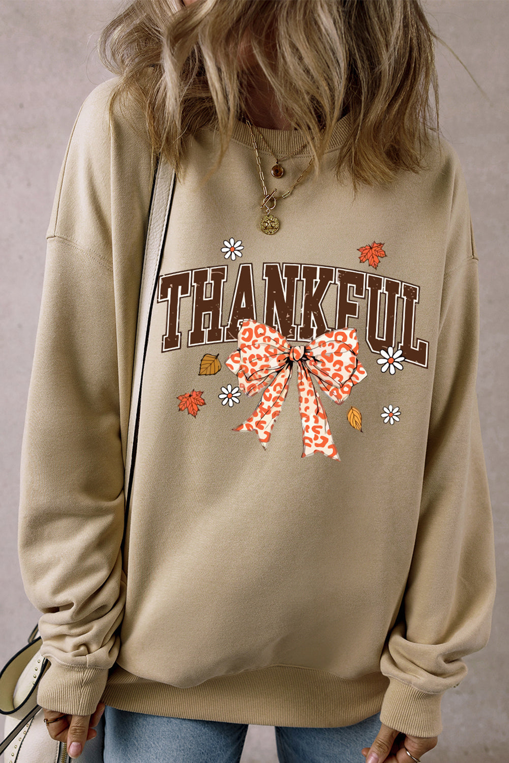 Parchment THANKFUL Leopard Bow Fall Vibe Graphic Sweatshirt