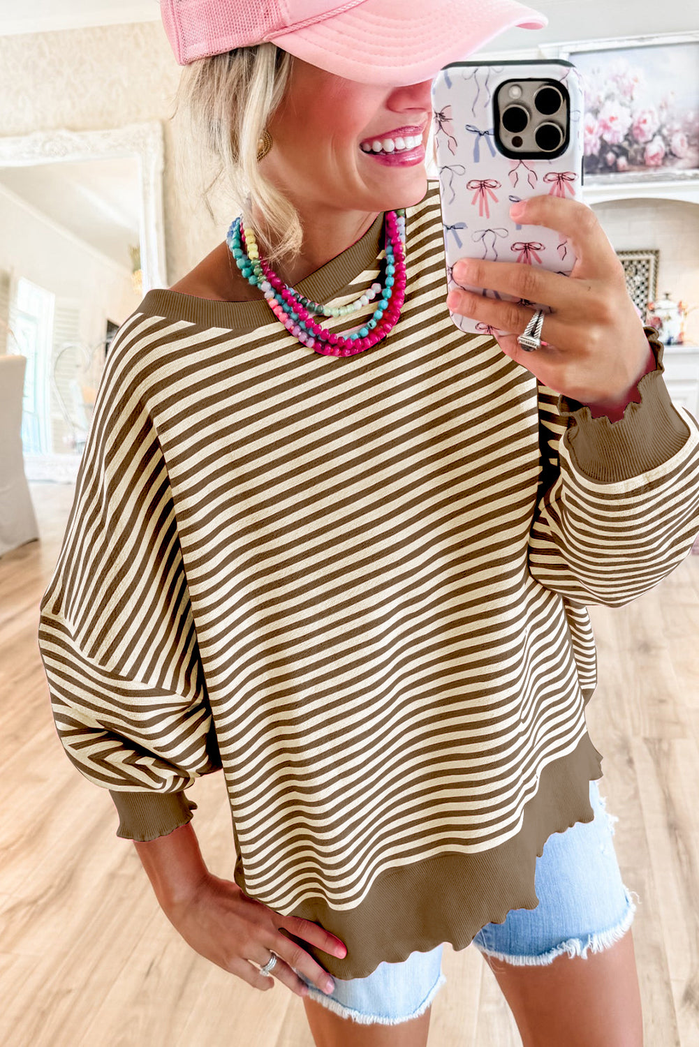 Brown Stripe Drop Shoulder Long Sleeve Top