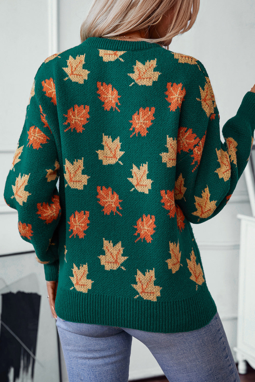 Evergreen Maple Leaf Pattern Pullover Sweater