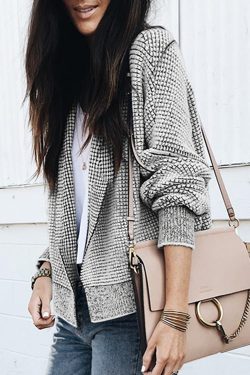 Grey Plaid Contrast Trim Open Front Cardigan