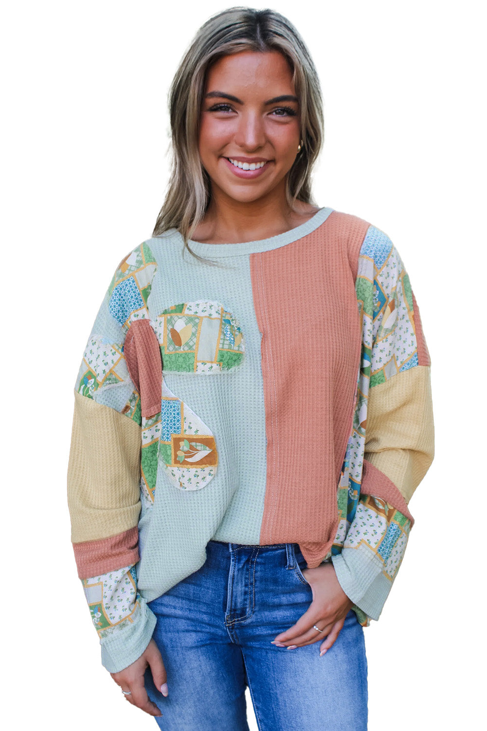 Sail Blue Waffle Patchwork Flower Sweatshirt