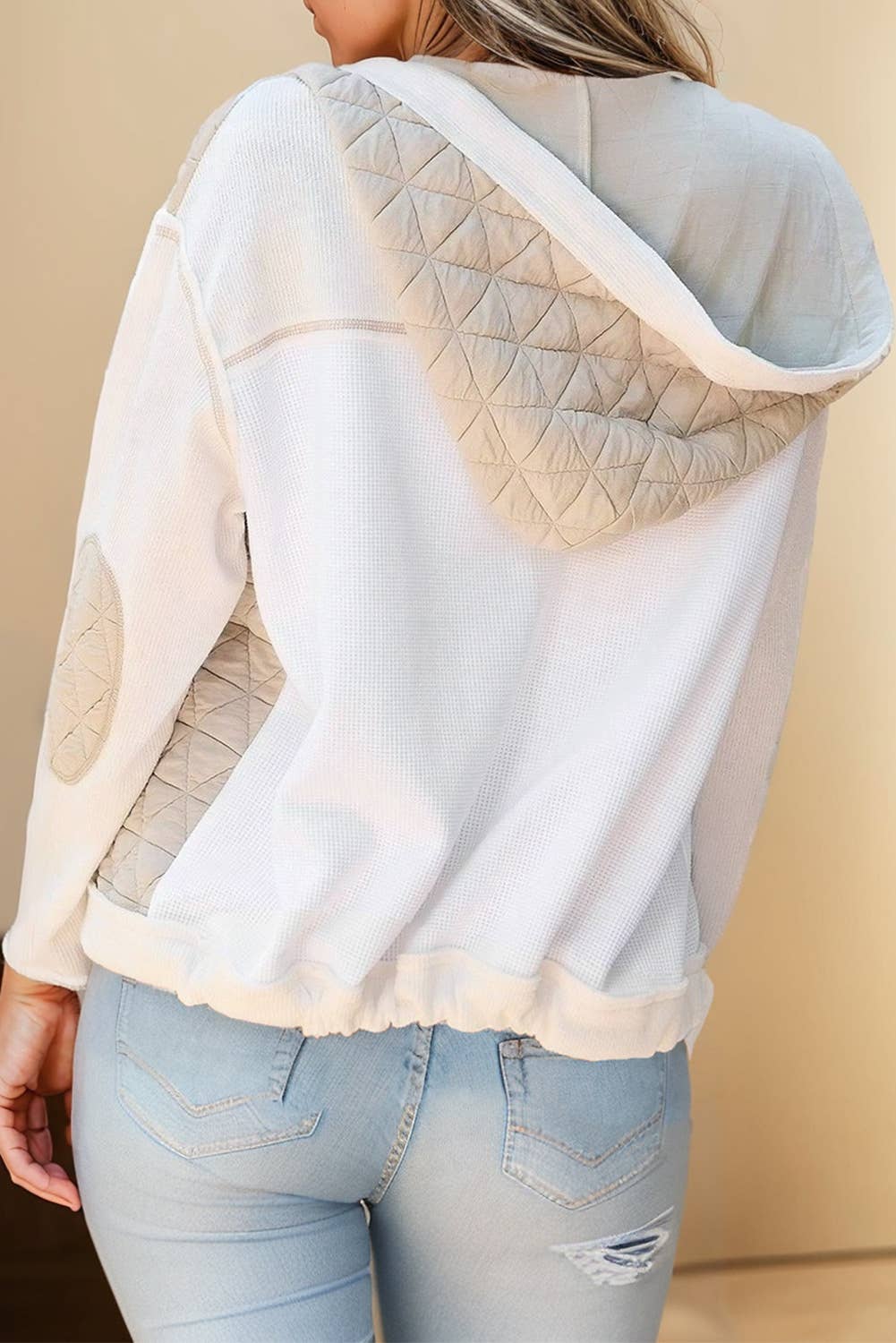 Quilted Textured Patchwork Hooded Jacket | White/Cream