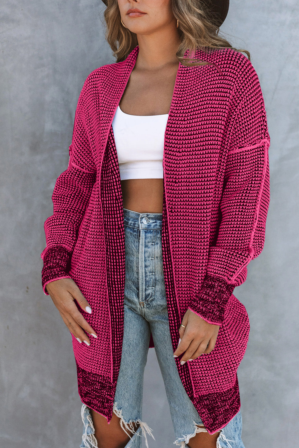 Rose Plaid Contrast Trim Casual Knit Long Cardigan