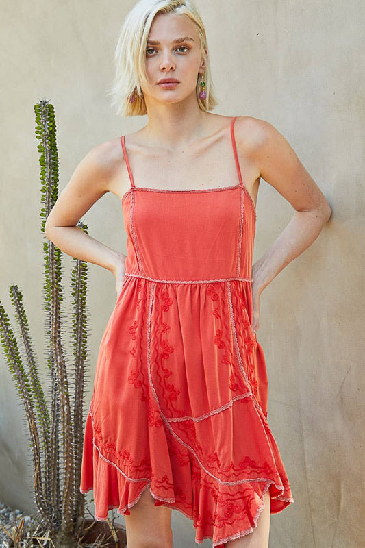 POL embroidery back smocking mini dress