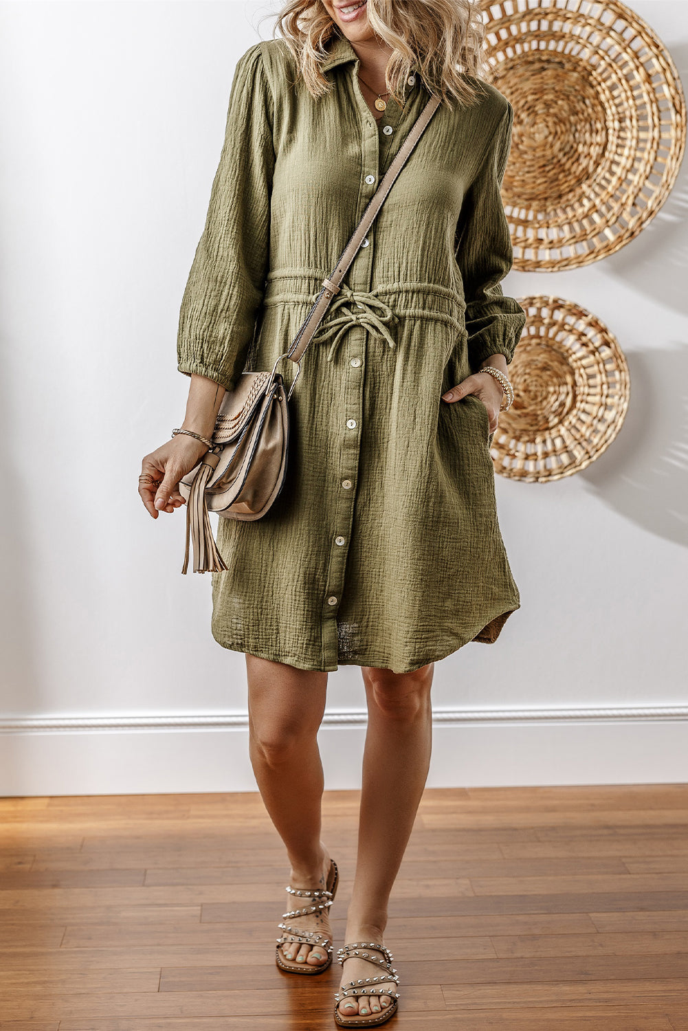 Jungle Green Textured Bracelet Sleeve Button Up Mini Dress