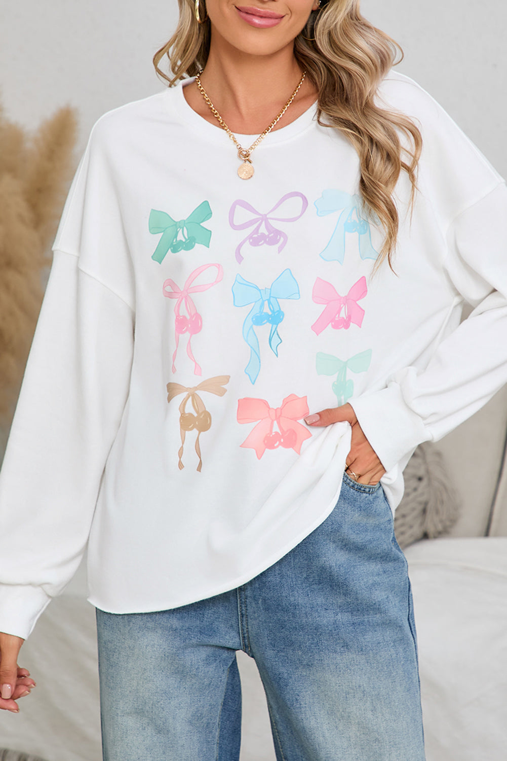 White Bowknot Edgeless Design Loose Drop Sleeve Sweatshirt