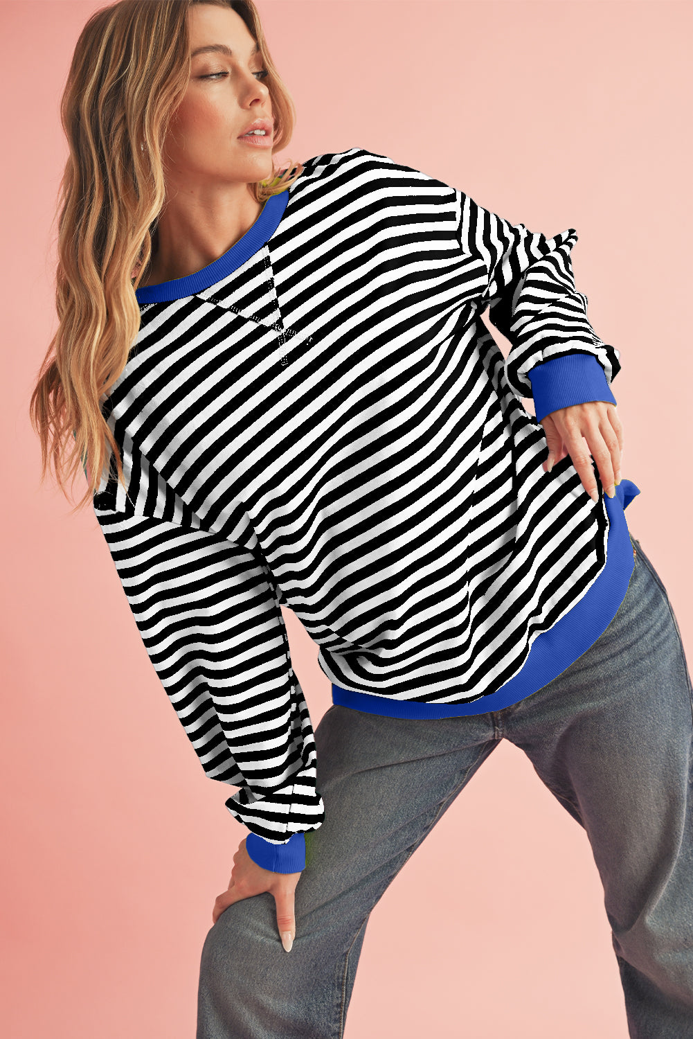 Blue Stripe Contrast Edge Cross Seam Oversized Pullover