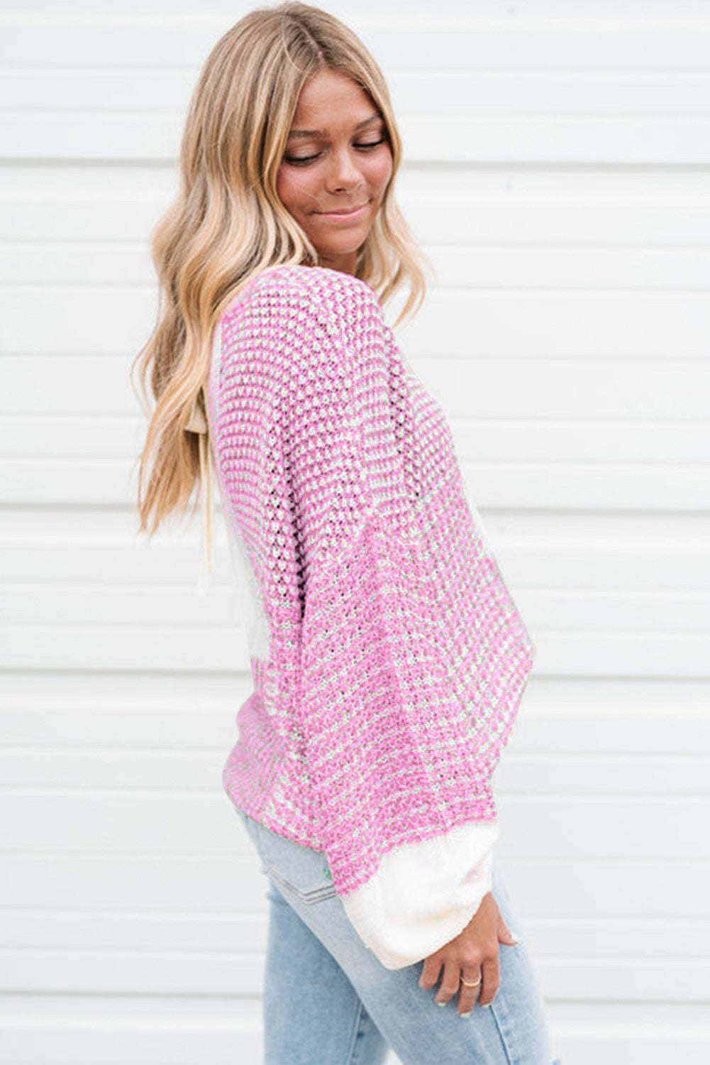 Pink Colorblock Tie Back Drop Shoulder Knit Sweater