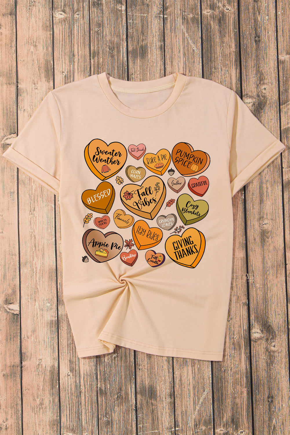 Khaki Thanksgiving Candy Heart Letter Graphic Round Neck Tee