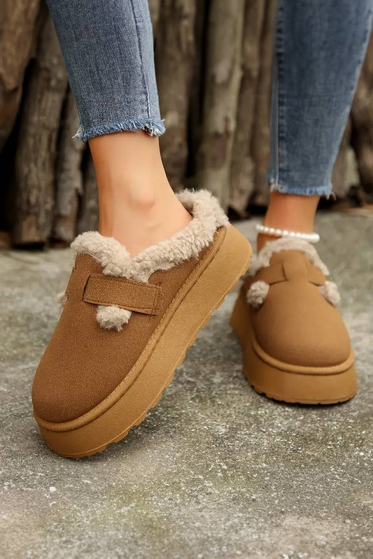 Plush Patched Buckle Decor Thick Sole Thermal Slippers