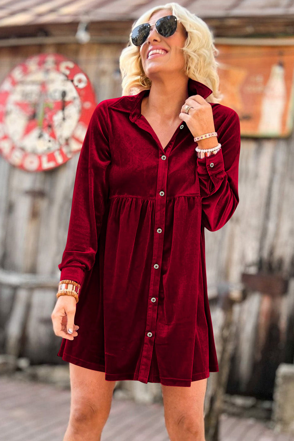 Red Long Sleeve Ruffle Velvet Button Up Shirt Dress