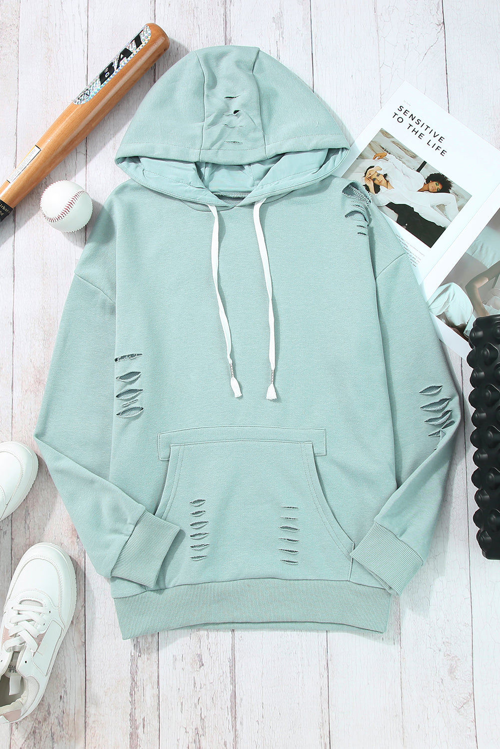 Solid Ripped Hooded Sweatshirt with Kangaroo Pocket