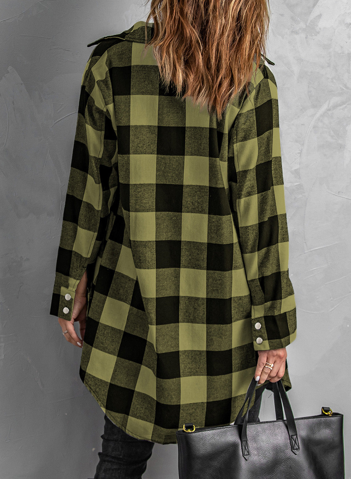 Green Turn-down Collar Plaid Shirt Coat