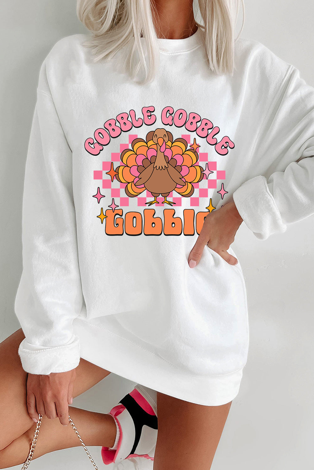 White Gobble Gobble Turkey Thanksgiving Graphic Sweatshirt