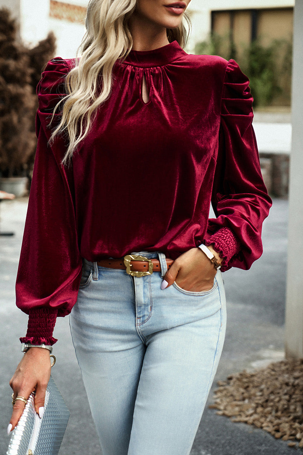 Red Mock Keyhole Neck Puff Sleeve Velvet Blouse