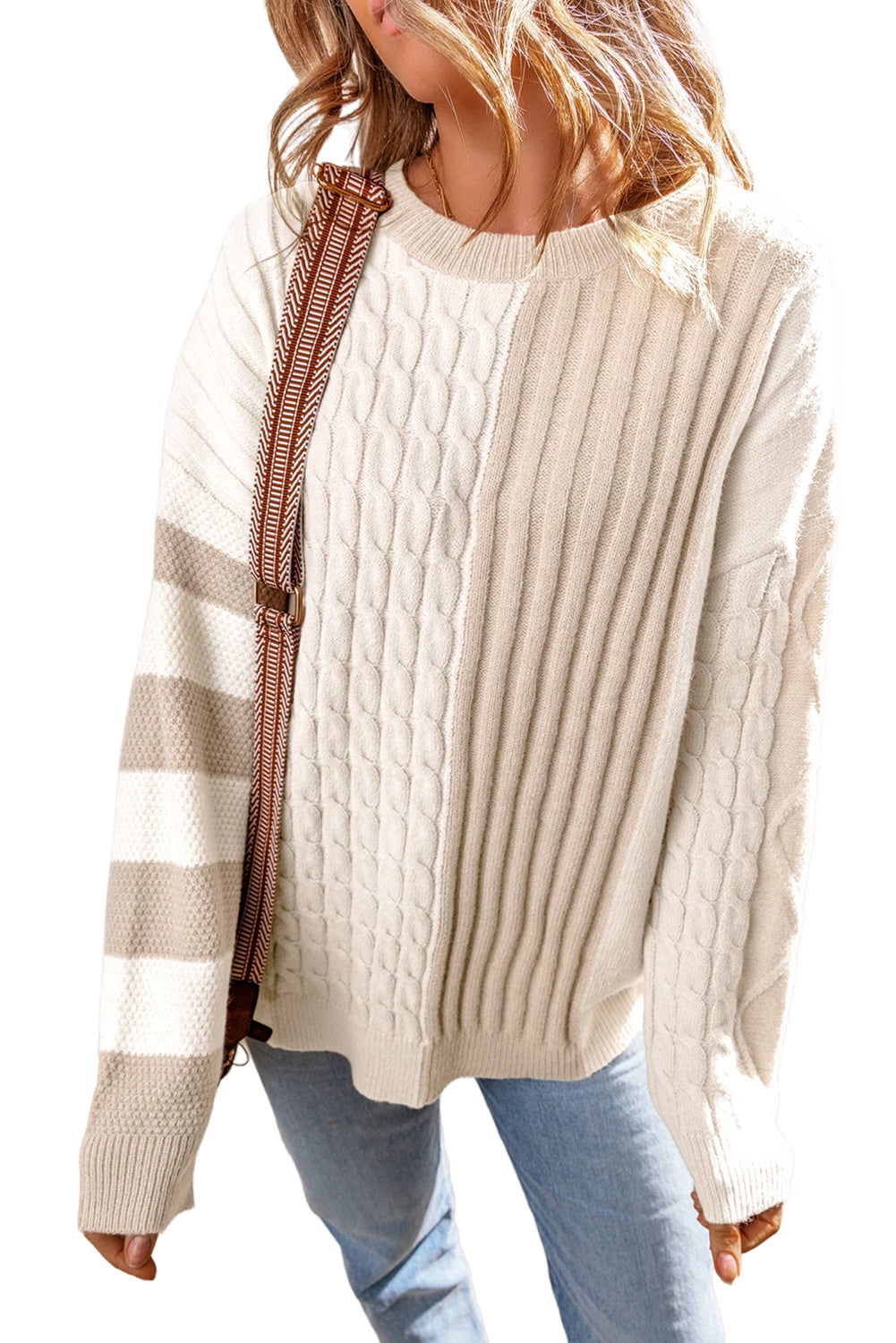 Khaki Cable Knit Colorblock Crew Neck Drop Shoulder Sweater