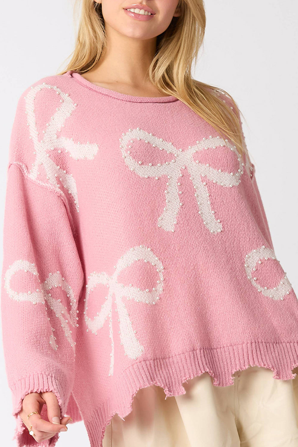 Pink Bow Pattern Pearl Embellished Raw Hem Sweater