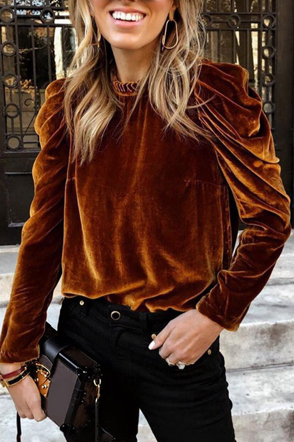 Chestnut Velvet Frilled Neck Ruched Puff Sleeve Top