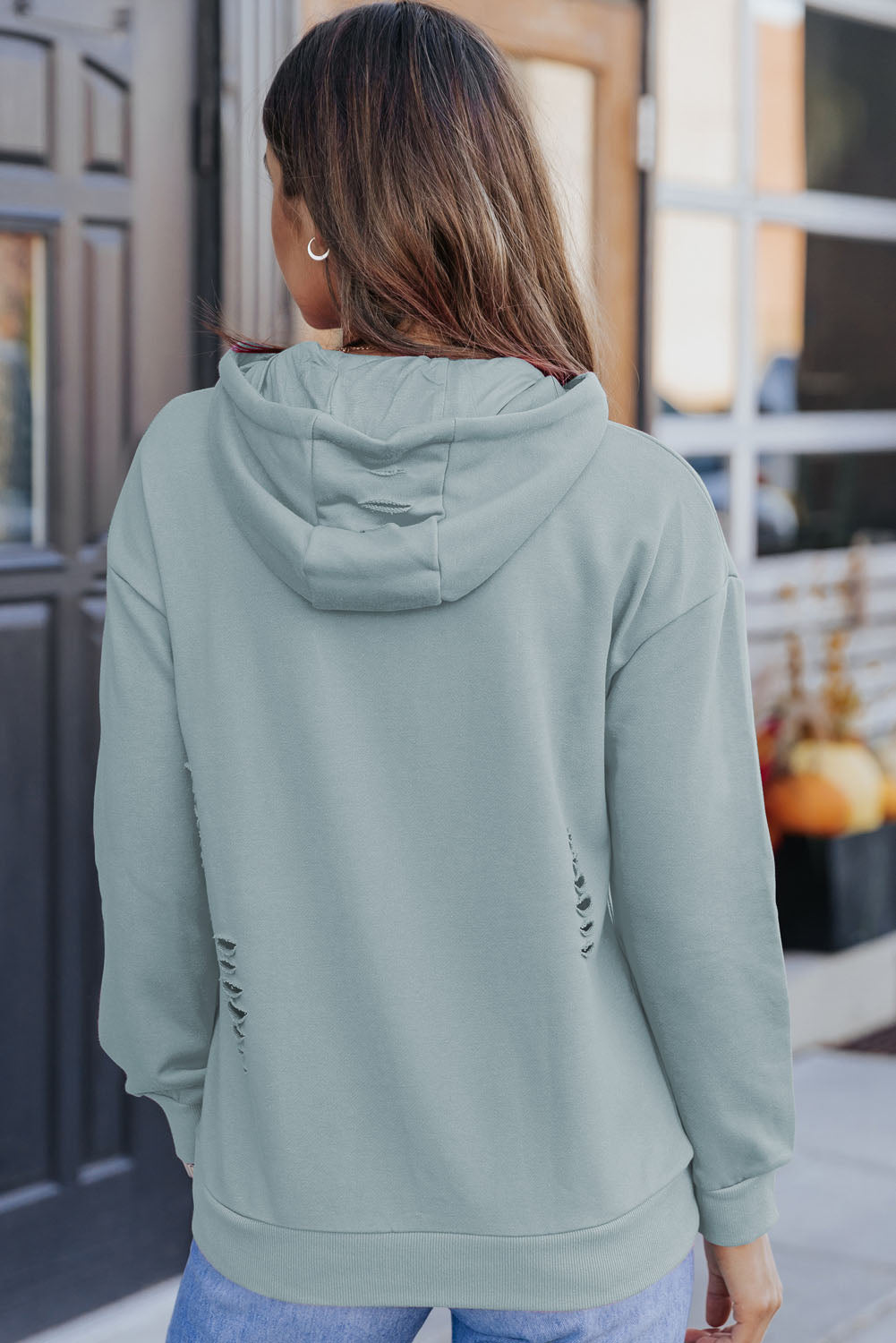 Solid Ripped Hooded Sweatshirt with Kangaroo Pocket