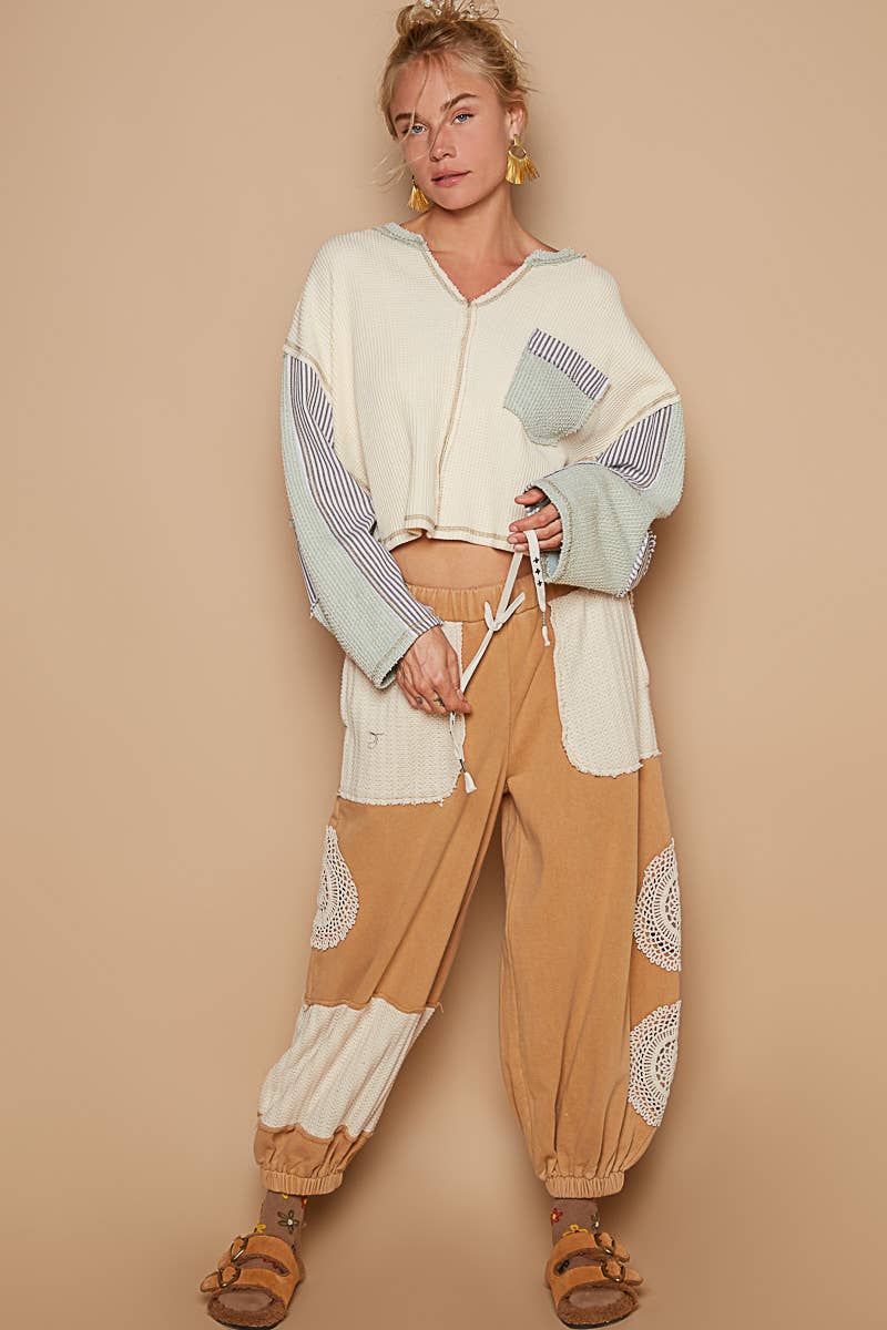 Tomato Soup  Cut and Sew mix trim detail pants