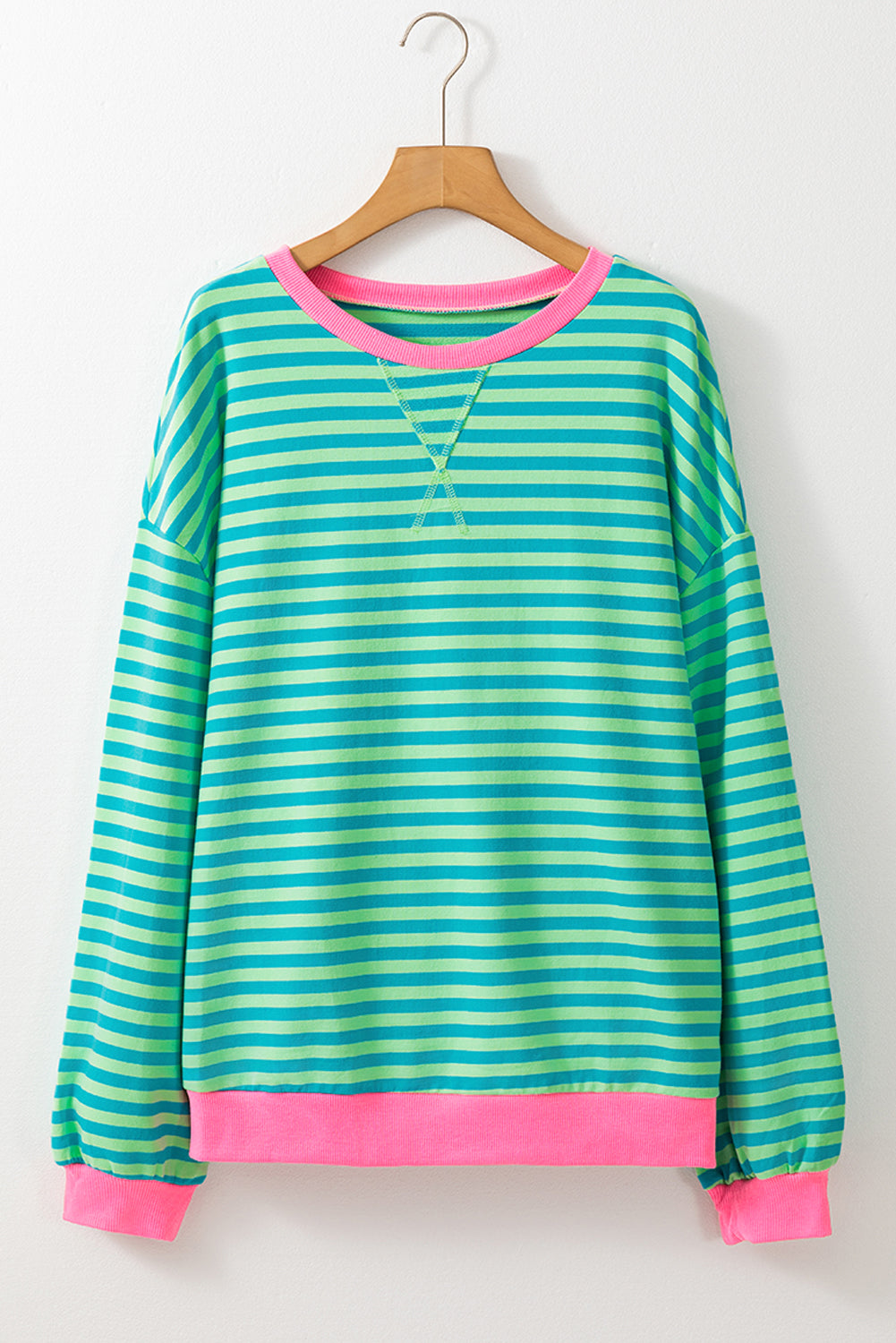 Blue Stripe Contrast Edge Cross Seam Oversized Pullover