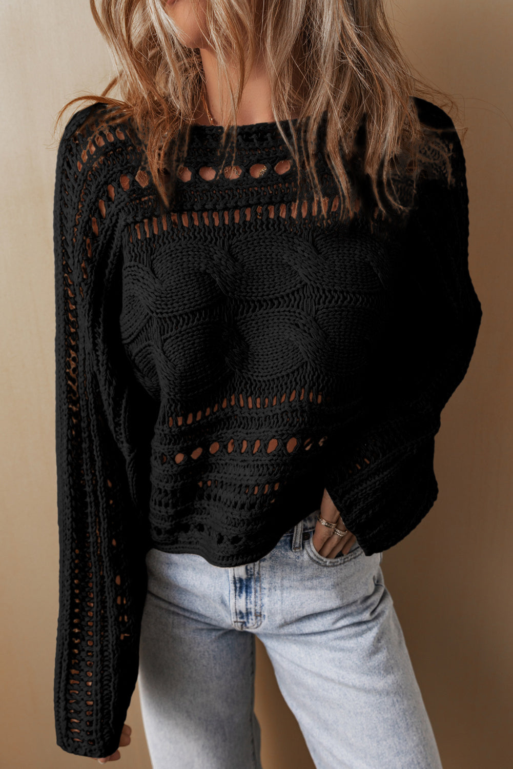 Blackish Green Hollow Out Cable Knit Cropped Sweater