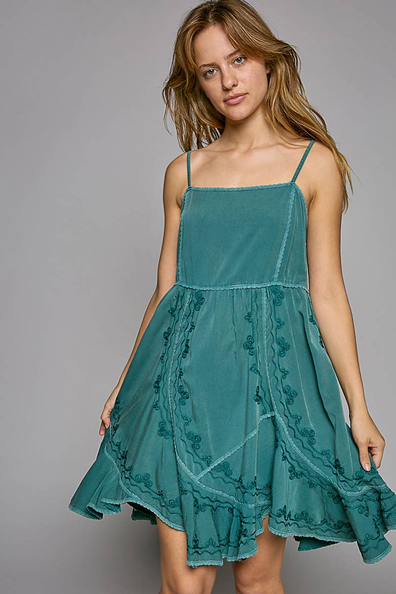 POL embroidery back smocking mini dress