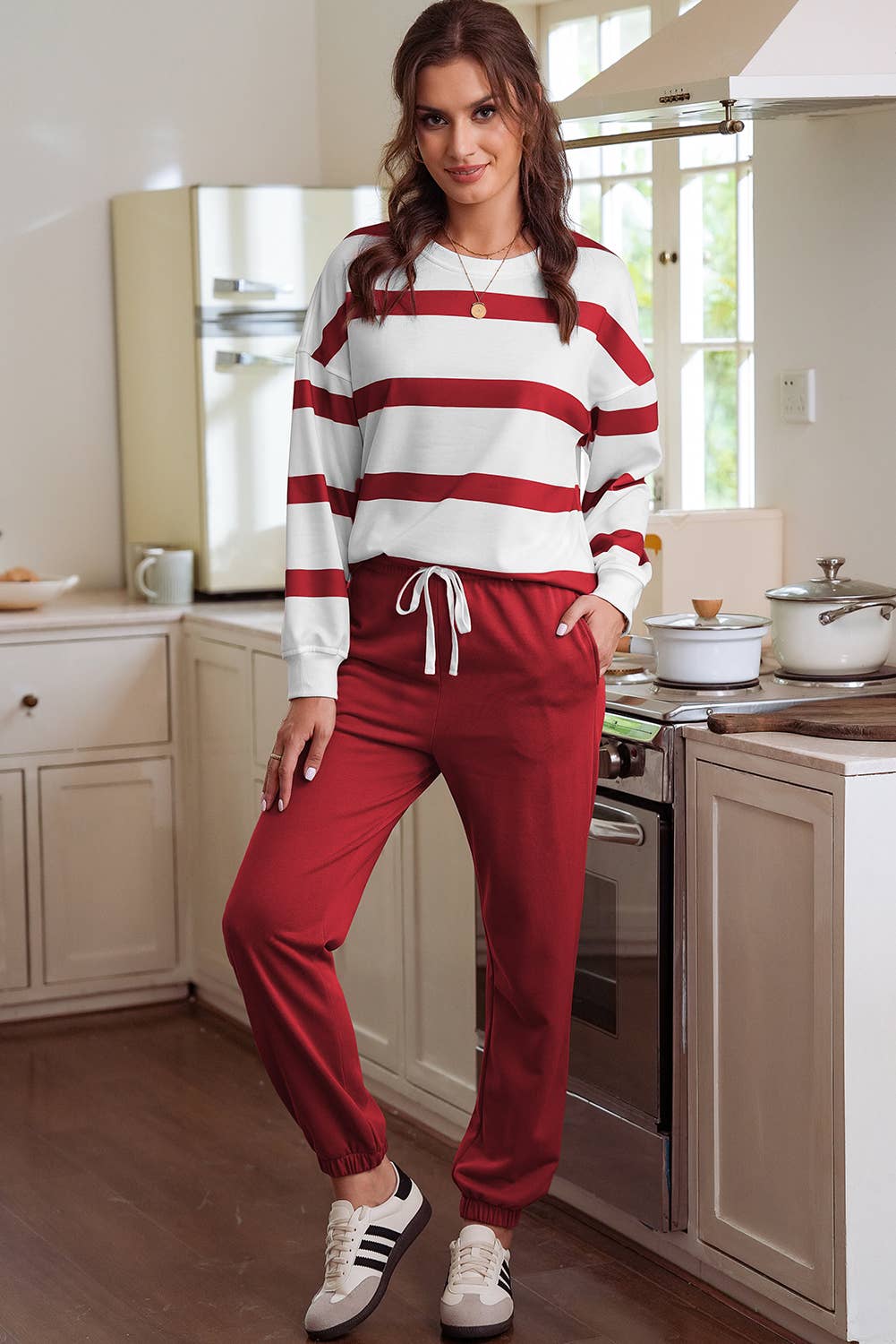 Striped Drop Shoulder Pullover and Jogger Pants Set