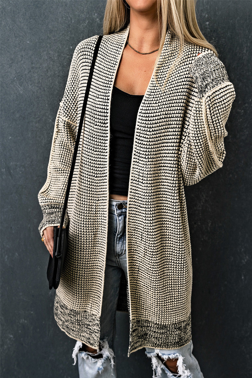 Rose Plaid Contrast Trim Casual Knit Long Cardigan