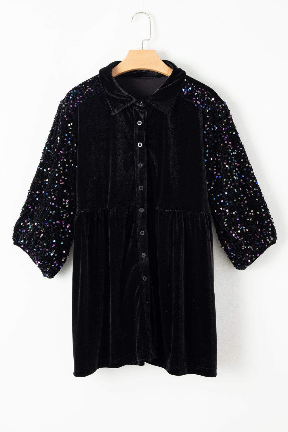 Black Velvet Sequin Puff Sleeve Button Babydoll Blouse