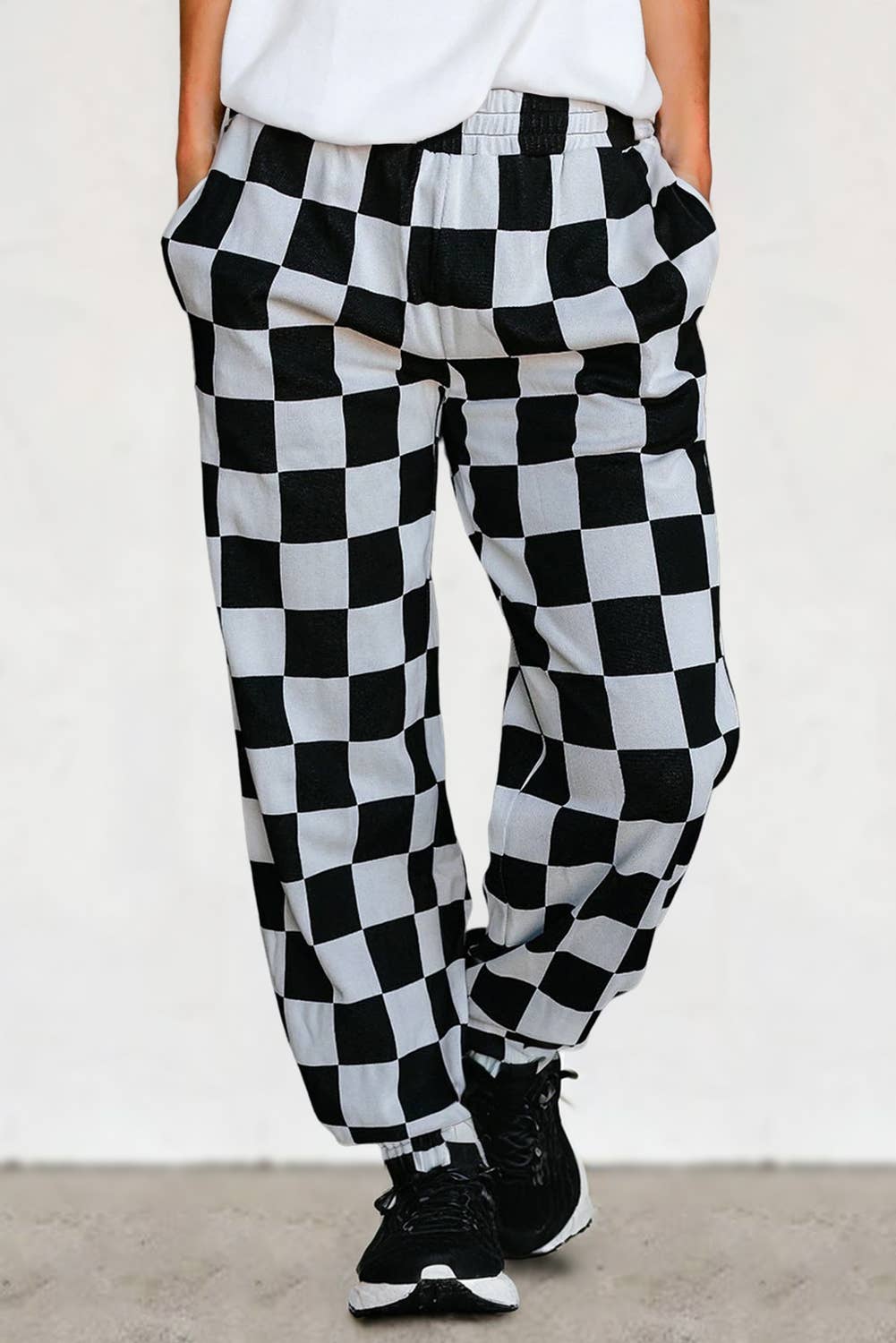 Checkered Print Elastic W/B Pocketed Joggers