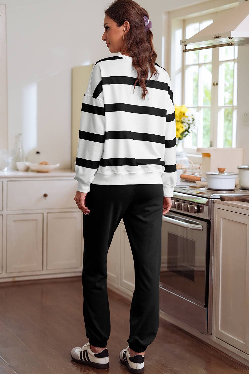 Striped Drop Shoulder Pullover and Jogger Pants Set