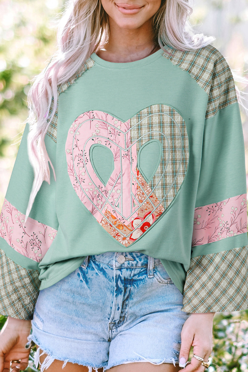 Clearly Aqua Plaid Floral Peace Heart Graphic Wide Long Sleeve Top