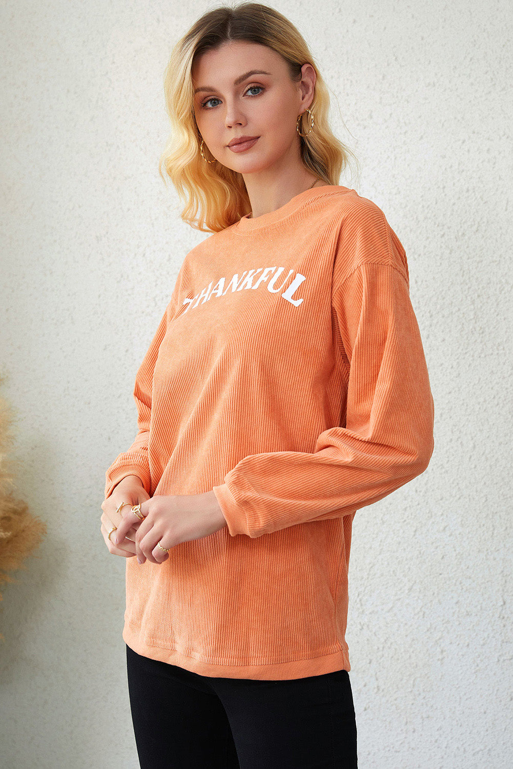 Orange-3 THANKFUL Letter Graphic Corded Sweatshirt