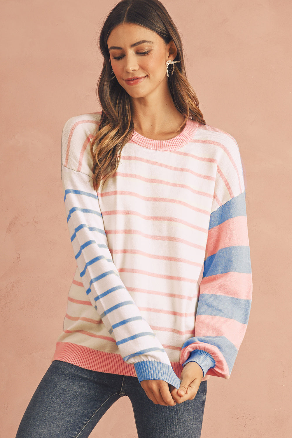 Pale Chestnut Striped Colorblock Pullover Sweater