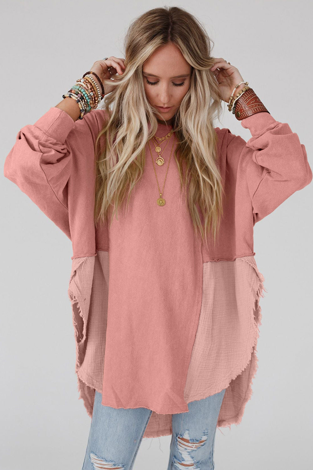 Rose Pink Crinkle Splicing Raw Hem High Low Oversized Blouse