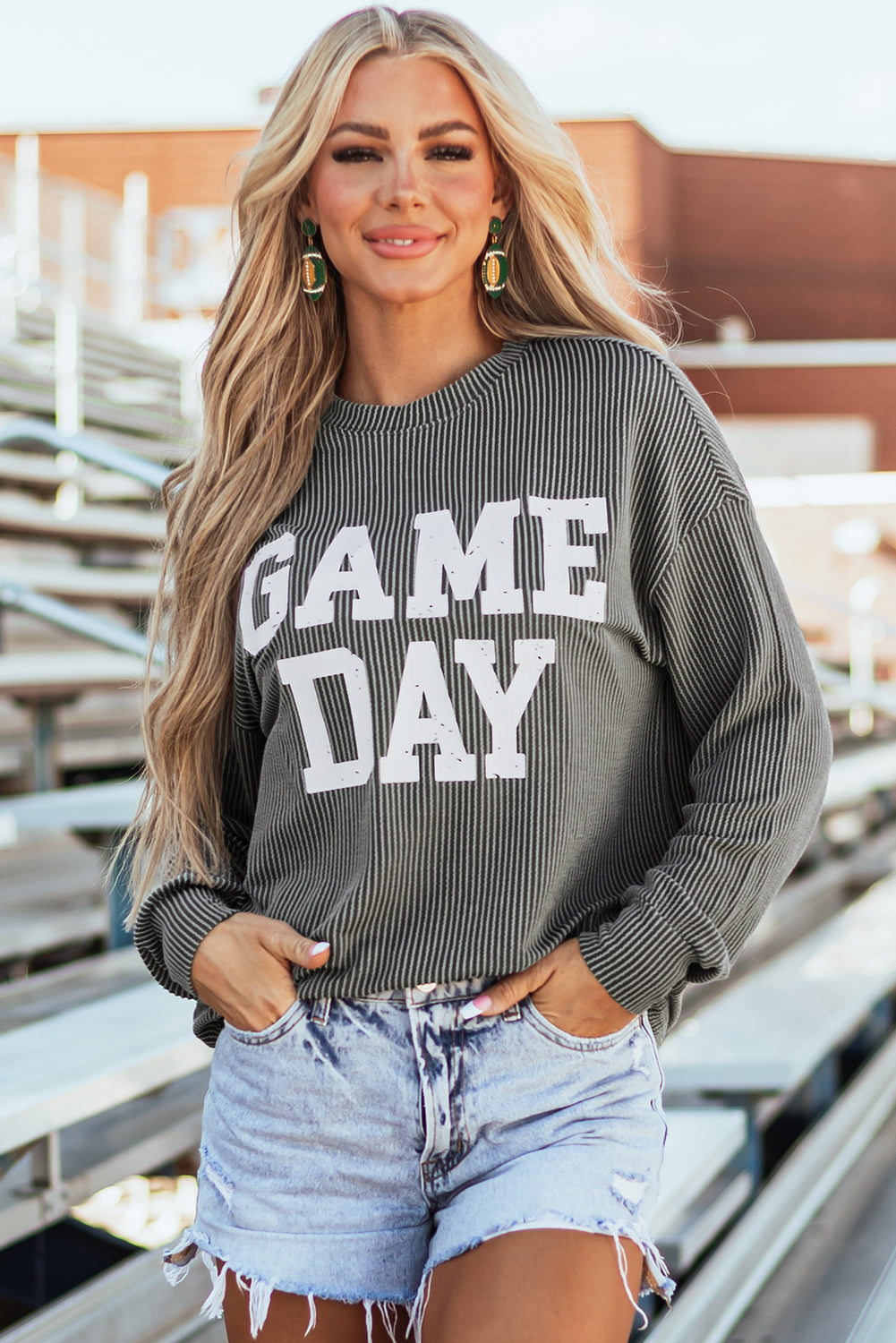 Dark Grey Corded GAME DAY Graphic Long Sleeve Crewneck Top