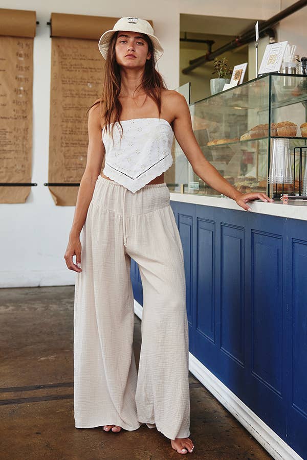 Bucketlist Wide Leg Flattering Drape Solid Cotton Gauze Pants